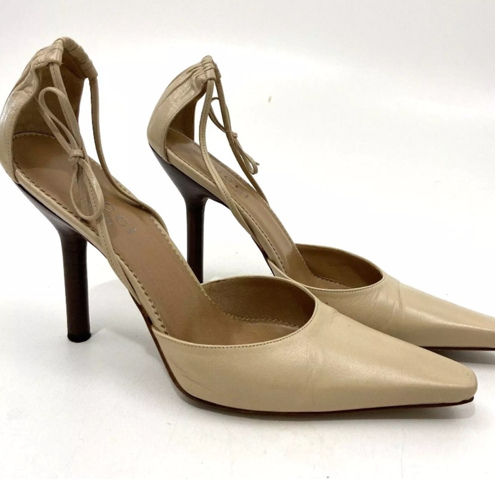 Gucci  VTG 00’s Italy Leather D'Orsay Side Bow Wooden Heel Pumps Beige 8 B